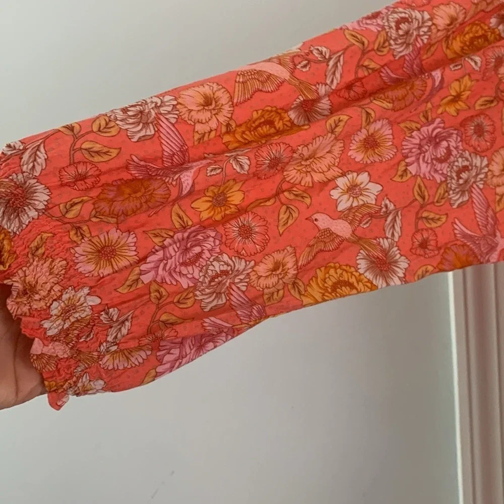 ELF Wrap Dress made by hand Size L birds Floral print ruffle smocked waist tie - Picture 6 of 16